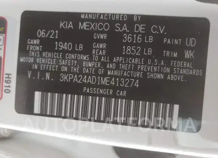 KIA RIO LX 2021 vin 3KPA24AD1ME413274 from auto auction Copart