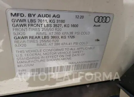 AUDI E-TRON PRE 2021 vin WA1LAAGE0MB020979 from auto auction Copart