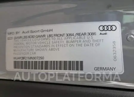 AUDI RS7 2021 vin WUAPCBF21MN907250 from auto auction Copart