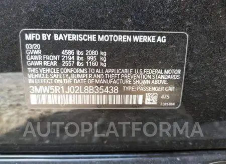 BMW 330I 2020 vin 3MW5R1J02L8B35438 from auto auction Copart