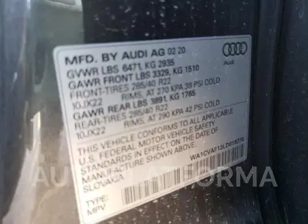 AUDI Q8 PRESTIG 2020 vin WA1CVAF13LD018276 from auto auction Copart