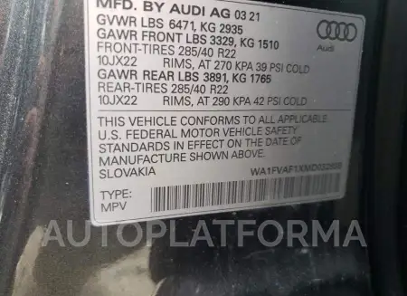 AUDI Q8 PRESTIG 2021 vin WA1FVAF1XMD032898 from auto auction Copart