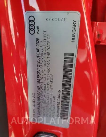 AUDI S3 PREMIUM 2016 vin WAUB1GFF1G1034735 from auto auction Copart