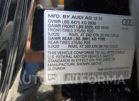 AUDI Q8 PREMIUM 2019 vin WA1AVAF1XKD022427 from auto auction Copart