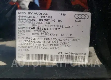 AUDI E-TRON PRE 2019 vin WA1LAAGE6KB024256 from auto auction Copart