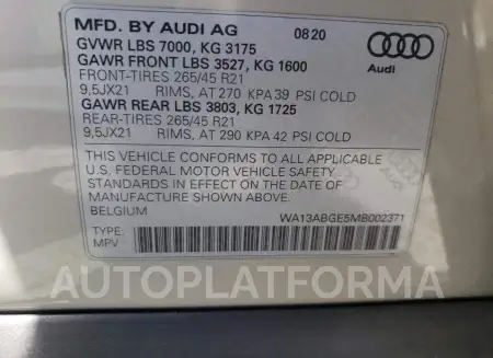 AUDI E-TRON SPO 2021 vin WA13ABGE5MB002371 from auto auction Copart