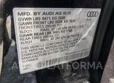 AUDI Q8 PREMIUM 2020 vin WA1AVAF1XLD025037 from auto auction Copart