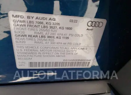 AUDI E-TRON PRE 2022 vin WA1AABGE8NB031646 from auto auction Copart