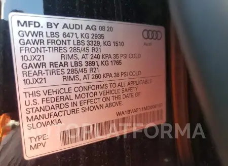 AUDI Q8 PREMIUM 2021 vin WA1BVAF11MD006107 from auto auction Copart