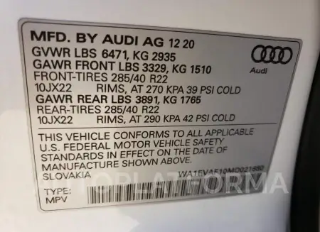 AUDI Q8 PREMIUM 2021 vin WA1EVAF10MD021680 from auto auction Copart