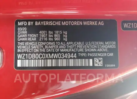 TOYOTA SUPRA BASE 2021 vin WZ1DB0C0XMW034944 from auto auction Copart