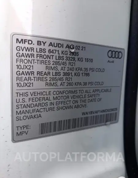 AUDI Q8 PREMIUM 2021 vin WA1BVAF14MD029025 from auto auction Copart