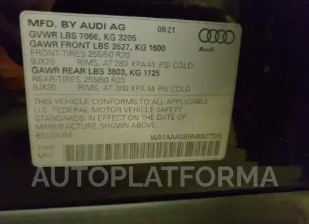 AUDI E-TRON PRE 2022 vin WA1AAAGE9NB007320 from auto auction Copart