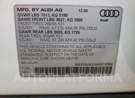 AUDI E-TRON PRE 2021 vin WA1VAAGE4MB019584 from auto auction Copart