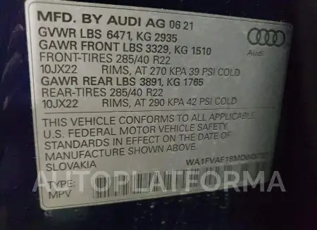 AUDI Q8 PRESTIG 2021 vin WA1FVAF18MD043737 from auto auction Copart