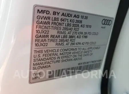 AUDI Q8 PREMIUM 2021 vin WA1EVAF17MD015309 from auto auction Copart