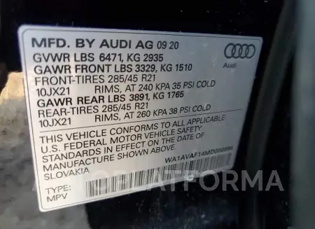 AUDI Q8 PREMIUM 2021 vin WA1AVAF14MD008896 from auto auction Copart