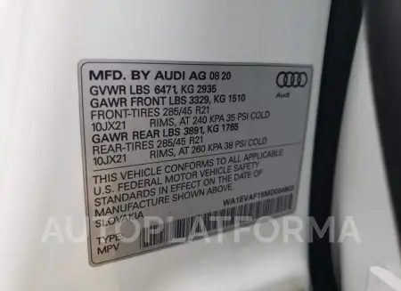 AUDI Q8 PREMIUM 2021 vin WA1EVAF15MD004602 from auto auction Copart