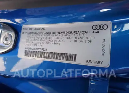 AUDI S3 PREMIUM 2018 vin WAUB1GFF2J1026232 from auto auction Copart