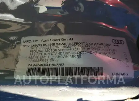 AUDI TT RS 2018 vin WUACSAFVXJ1902282 from auto auction Copart