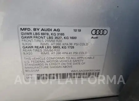 AUDI E-TRON PRE 2019 vin WA1LAAGE8KB022458 from auto auction Copart