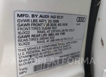 AUDI Q8 PRESTIG 2021 vin WA1FVAF15MD027270 from auto auction Copart