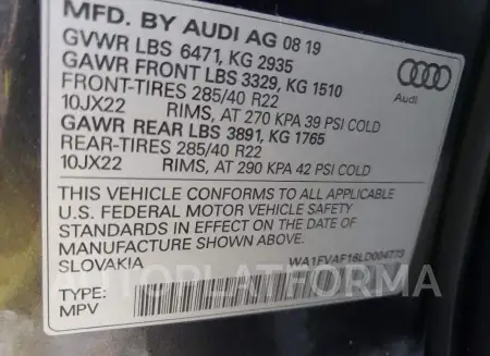 AUDI Q8 PRESTIG 2020 vin WA1FVAF16LD004773 from auto auction Copart