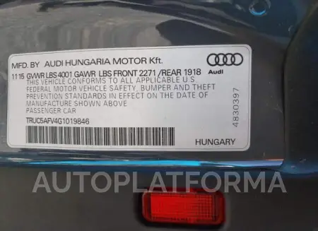 AUDI TT 2016 vin TRUC5AFV4G1019846 from auto auction Copart