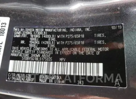 TOYOTA SEQUOIA SR 2020 vin 5TDBY5G18LS175935 from auto auction Copart