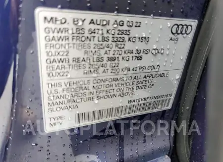 AUDI Q8 PREMIUM 2022 vin WA1EVBF17ND021618 from auto auction Copart