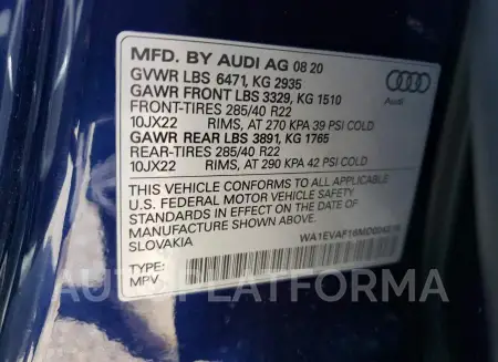 AUDI Q8 PREMIUM 2021 vin WA1EVAF16MD004219 from auto auction Copart