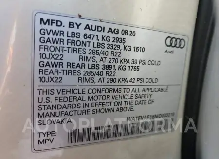 AUDI Q8 PRESTIG 2021 vin WA1FVAF16MD003219 from auto auction Copart