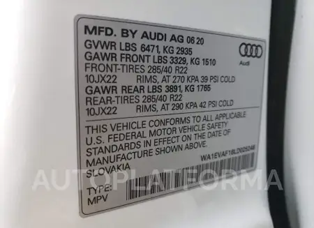 AUDI Q8 PREMIUM 2020 vin WA1EVAF16LD025246 from auto auction Copart