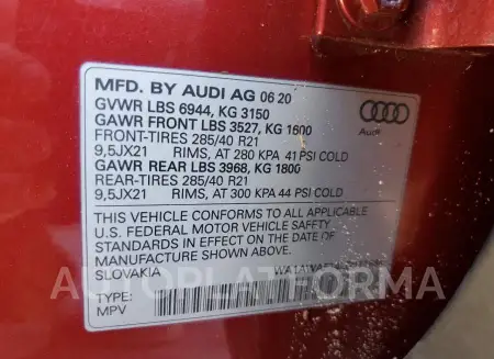 AUDI SQ7 PREMIU 2020 vin WA1AWAF74LD011684 from auto auction Copart