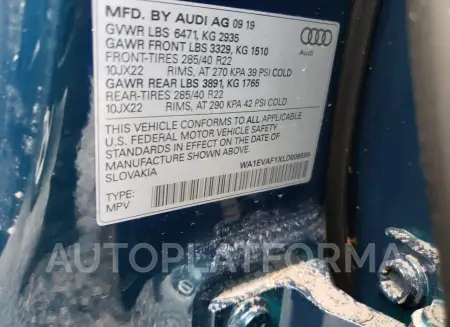 AUDI Q8 PREMIUM 2020 vin WA1EVAF1XLD006599 from auto auction Copart