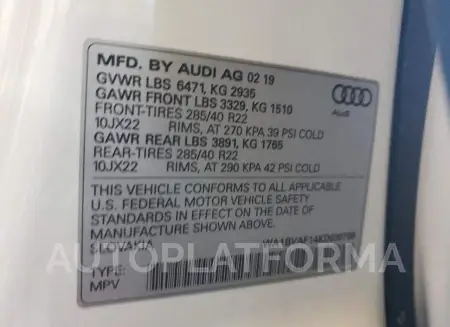 AUDI Q8 PREMIUM 2019 vin WA1BVAF14KD030768 from auto auction Copart