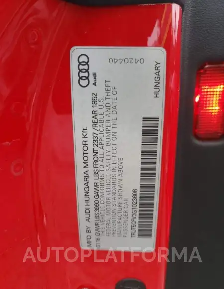 AUDI TT 2016 vin TRUT5CFV3G1023608 from auto auction Copart