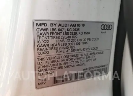 AUDI Q8 PREMIUM 2019 vin WA1EVAF15KD040612 from auto auction Copart