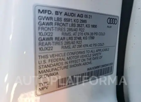 AUDI SQ8 PRESTI 2021 vin WA1CWBF13MD041223 from auto auction Copart