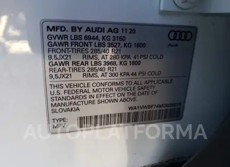 AUDI SQ7 PRESTI 2021 vin WA1VWBF74MD020216 from auto auction Copart