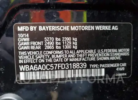 BMW 640 I GRAN 2015 vin WBA6A0C57FD318839 from auto auction Copart