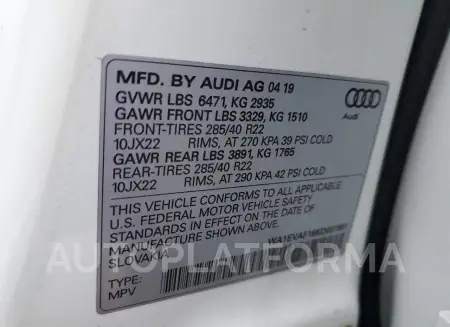 AUDI Q8 PREMIUM 2019 vin WA1EVAF16KD037881 from auto auction Copart