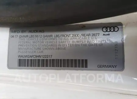 AUDI A7 PREMIUM 2017 vin WAUW2AFC9HN122217 from auto auction Copart