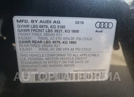 AUDI E-TRON PRE 2019 vin WA1VAAGE9KB008061 from auto auction Copart