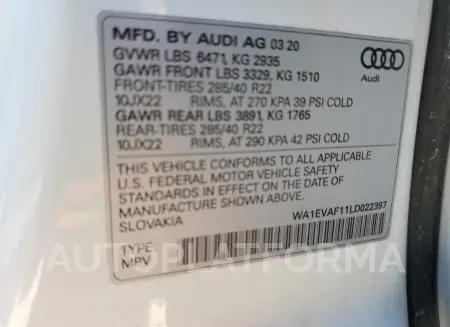 AUDI Q8 PREMIUM 2020 vin WA1EVAF11LD022397 from auto auction Copart