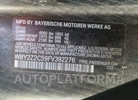 BMW I8 2015 vin WBY2Z2C59FV392276 from auto auction Copart