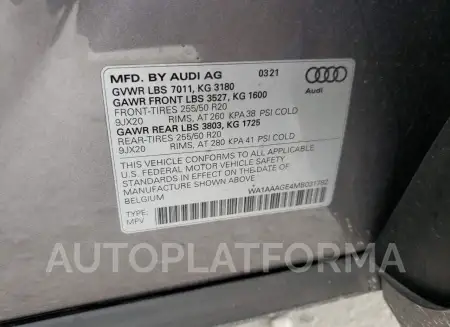 AUDI E-TRON PRE 2021 vin WA1AAAGE4MB031782 from auto auction Copart