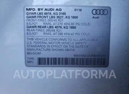 AUDI E-TRON PRE 2019 vin WA1VAAGE0KB005419 from auto auction Copart