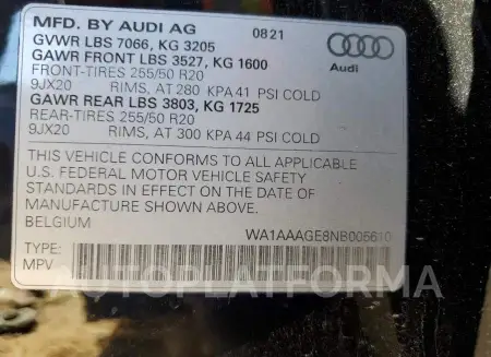 AUDI E-TRON PRE 2022 vin WA1AAAGE8NB005610 from auto auction Copart