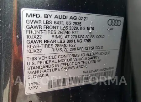 AUDI Q8 PREMIUM 2021 vin WA1EVAF10MD028080 from auto auction Copart